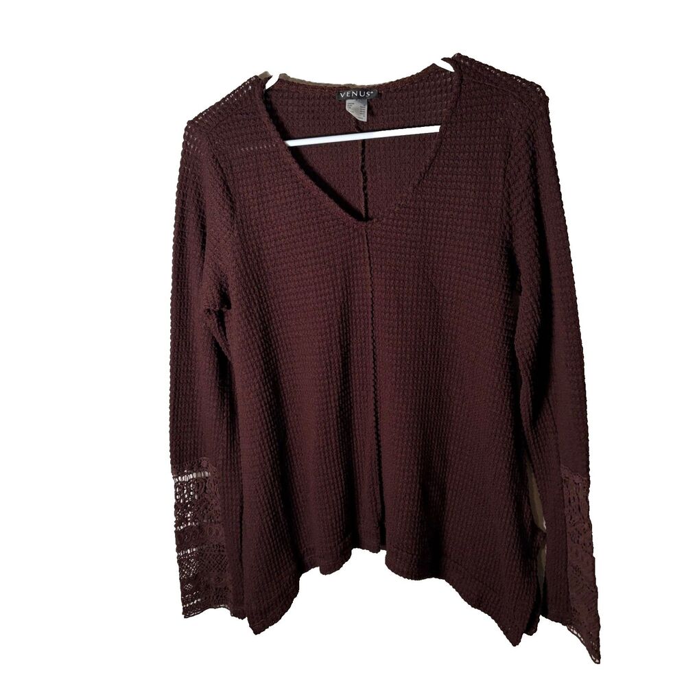 Venus T-Shirt Women's Medium Brown Thermal Knit Long Sleeve Boho Lace Cuff